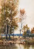 British, A river scene with reeds and trees and cows in a field beyond by James Edward Grace, watercolour, sold Feb 2021