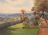 British, A garden scene with flowers and hedging along a path by Arthur Mayrick, watercolour, sold Feb 2021