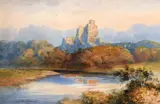 A view of castle ruins on a hilltop with a river and sheep by J MacDiarmid, watercolour, offered Feb 2021