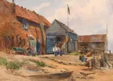 British, A view of a figure outside a boatshed by E. M. Percival, watercolour, sold Feb 2021