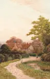 British, figure in a pathway before cottages by George Oyston, watercolour, sold Feb 2021