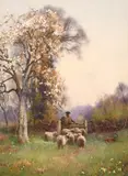 British, A Shepherd and his flock beneath blossom by Benjamin Sigmund, watercolour, offered Feb 2021
