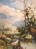 British, Rocky River landscape with mountains beyond by Charles Frederick Albon, watercolour, offered Feb 2021