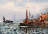 British, Boats in the harbour with a rocky coastline beyond by Frederick William Scarborough, watercolour, sold Feb 2021