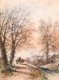 British, Figures on a horse and cart on country path by L. Lewis, watercolour, sold Feb 2021