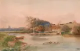 British, A view across a river with buildings and a church beyond by Henry Charles Fox, watercolour, offered Feb 2021