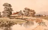 British, A West Country hamlet with figures by a stream by Henry Frier, watercolour, sold Feb 2021