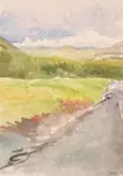 Landscape over fields with hills beyond by Howard J. Morgan, watercolour, offered Feb 2021
