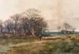 British school, circa 1902, A Shepherd and his flock on a country path at dusk by Henry Charles Fox, watercolour, sold Feb 2021