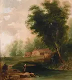 British, A country scene with a female figure in the foreground and a house beyond by B. Williams Leader, 1949, watercolour, sold Feb 2021