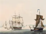 British, Frigates in a Calm off Dover, with a View of the Town and Pier Heads by Lieutenant Thomas Yates, 1791, watercolour, offered Feb 2021