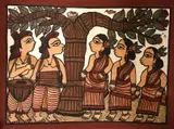 Indian, Rare tribal painting by one of the living masters of the Paitkar Tribe, A scene of figures beneath a tree with a resting bird by Vijay Chitraker, watercolour, sold Feb 2021