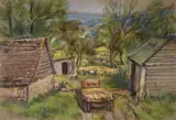 British, three landscapes in farm settings by Greta Delleany, pastel, sold Feb 2021