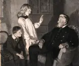British, A warm hearted discussion with father, en grisaille by Percy Tarrant, oil on paper, sold Feb 2021