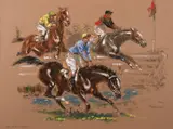 France, A set of three prints depicting horse racing scenes, hand coloured lithograph, each 19" x 25 by Louis Ferdinand Malespina, lithograph, sold Feb 2021