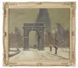 New York street scene of Washington Square by Bela deTirefort, oil on canvas, offered Oct 2017