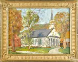 titled Church at Sharon Vermont by Richard Evett Bishop, oil on board, offered Oct 2017