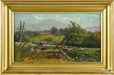 landscape with a woman standing by a fence by Edmund Darch Lewis, oil on canvas, offered Oct 2017