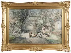 landscape with woman feeding chickens in front of a house by Robert Shaw, watercolor, offered Oct 2017