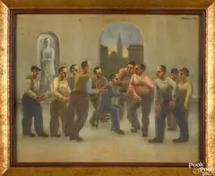 interior with figures by Horace Brodzky, oil on canvas, offered Oct 2017