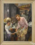 interior of two gentlemen with a cello and horn by Furman Finck, oil on canvas, offered Oct 2017