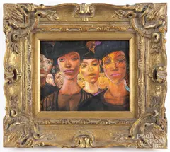 of a woman with hats and veils by Geoffrey Holder, oil on board, offered Jul 2017