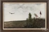landscape with bird in flight by Jimmy Lynch, watercolor and gouache, offered Jul 2017