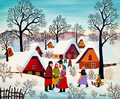 Untitled (Winter Village) by A. Kowalski, oil on canvas (unstretched), sold Jul 2022