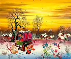 Untitled (Winter Landscape with Escaped Tropical Birds) by A. Kowalski, oil on canvas (unstretched), sold Jul 2022