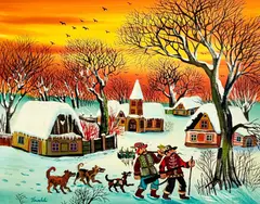Untitled (Hunters in Winter Village) by A. Kowalski, oil on canvas (unstretched), sold Jul 2022