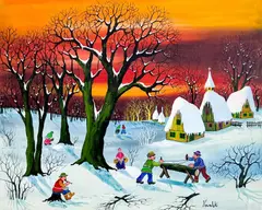 Untitled (Winter Village) by A. Kowalski, oil on canvas (unstretched), sold Jul 2022