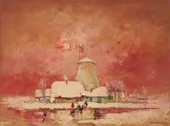Winter Skating on the Pond by Antal Jancsek, oil on canvas (unstretched), sold Jul 2022