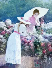 Young Women in the Garden by Lawrence, oil on canvas (unstretched), sold Jul 2022