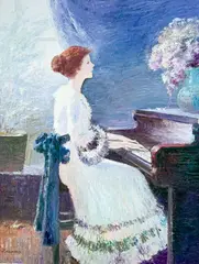 Woman Playing Piano by Lawrence, oil on canvas (unstretched), sold Jul 2022