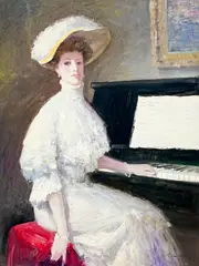 Woman Playing Piano by Lawrence, oil on canvas (unstretched), sold Jul 2022