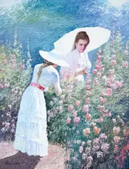 Two Women Picking Flowers by Lawrence, oil on canvas (unstretched), sold Jul 2022