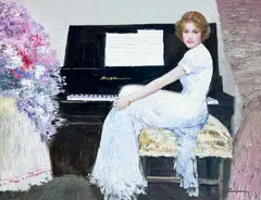 Woman and Piano by Lawrence, oil on canvas (unstretched), sold Jul 2022