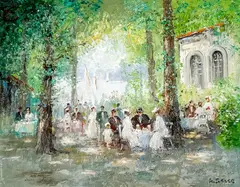 Waterfront Café by Willi Bauer, oil on canvas (unstretched), sold Jul 2022