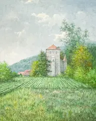 Vineyard by Hyun Bo Yoo, oil on canvas (unstretched), sold Jul 2022