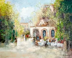 Garden Café by Willi Bauer, oil on canvas (unstretched), sold Jul 2022