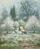 Untitled (Boy with Dog in Landscape) by Hyun Bo Yoo, oil on canvas, sold Jul 2022