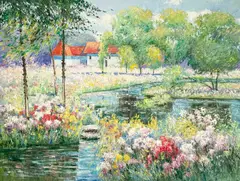 Flower Edged Lake by Charles Zhan, oil on canvas (unstretched), sold Jul 2022