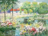 Flower Edged Lake by Charles Zhan, oil on canvas (unstretched), sold Jul 2022