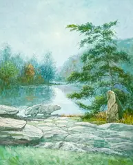 Moon and Lake Scene by Hyun Bo Yoo, oil on canvas (unstretched), sold Jul 2022