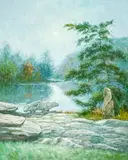 Moon and Lake Scene by Hyun Bo Yoo, oil on canvas (unstretched), sold Jul 2022