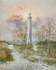 Lighthouse by the Sea by Hyun Bo Yoo, oil on canvas (unstretched), sold Jul 2022