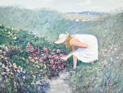 Woman Gathering Wildflowers by Lawrence, oil on canvas (unstretched), sold Jul 2022