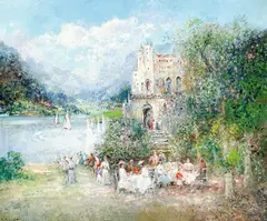 Lakeside Party by Willi Bauer, oil on canvas (unstretched), sold Jul 2022