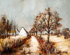 Untitled (Landscape with House and Road) by Manuel Monton Bunuel, oil on canvas (unstretched), sold Jul 2022