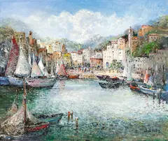 Corfu Harbor by Willi Bauer, oil on canvas (unstretched), sold Jul 2022